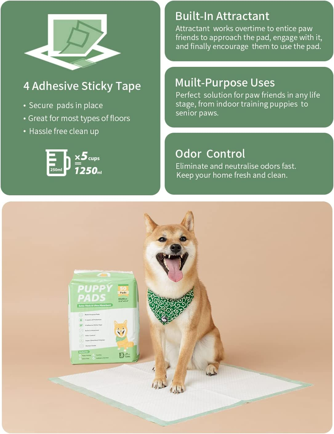 Puppy Training Essentials Bundle:Regular Puppy Training Pads with Bamboo-Based Compostable Pet Wet Wipes(80 Large Wipes)+Travel Pack Pet Wet Wipes(20 Regular Wipes) (50 Large Pads +100 Wipes Cucumber) image number 2