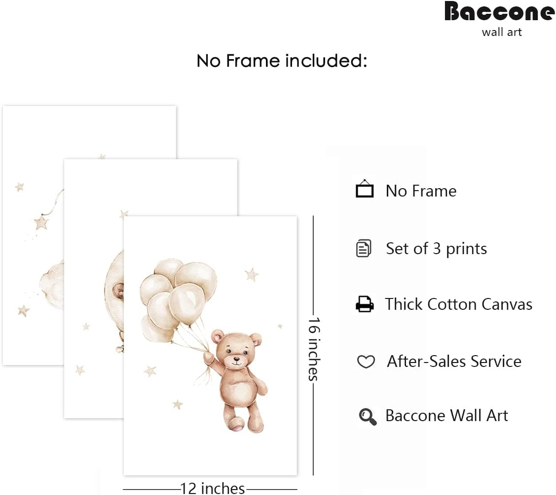 Bear Canvas Wall Art Set of 3 Teddy Bear Prints - Baby Boy & Girl Nursery Pictures - Moon Star Cloud Neutral Theme - 12X16 Inch Unframed image number 2