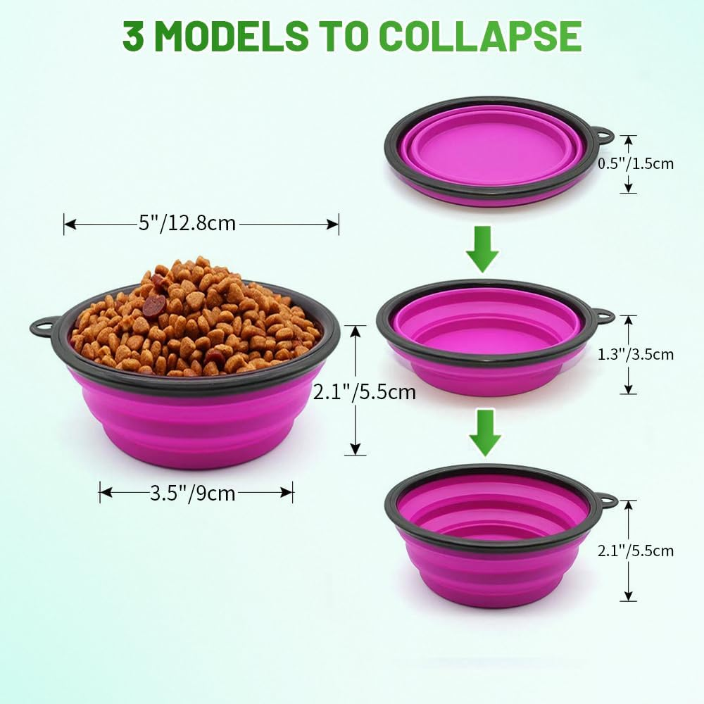 Collapsible Dog Bowl, 2 Pack Collapsable Dog Water Bowls for Cats Dogs, Portable Pet Feeding Watering Dish for Walking Parking Traveling with 2 Carabiners (Small, Green+Purple) image number 4