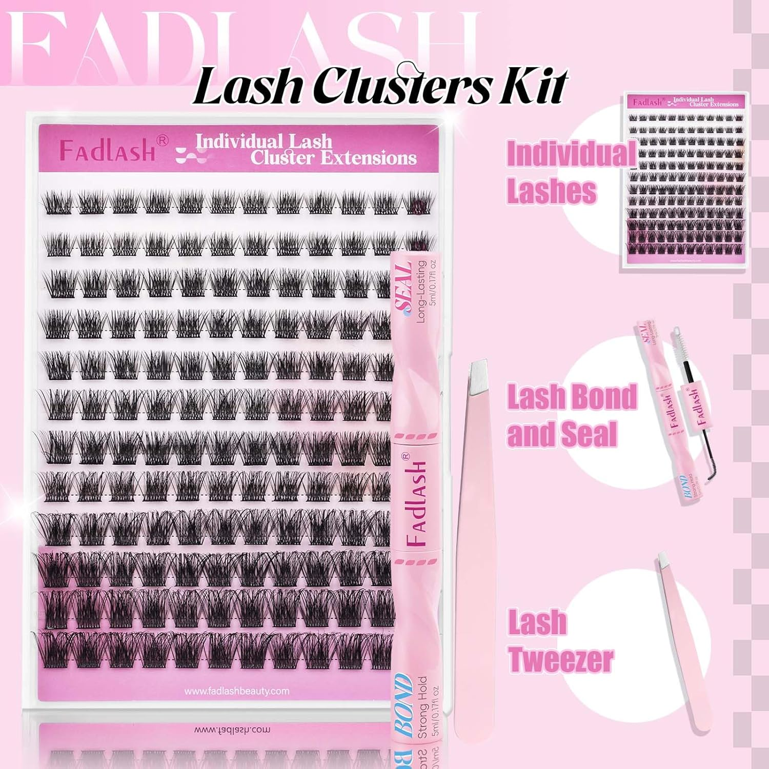 FADLASH Lash Clusters Kit DIY Lashes Extension Kit D Curl 0.07 Wispy Natural Eyelash Extension Clusters with Lash Bond and Seal Lashes Tweezer for Self Application(F32-0.07D, 8-16Mm) image number 5