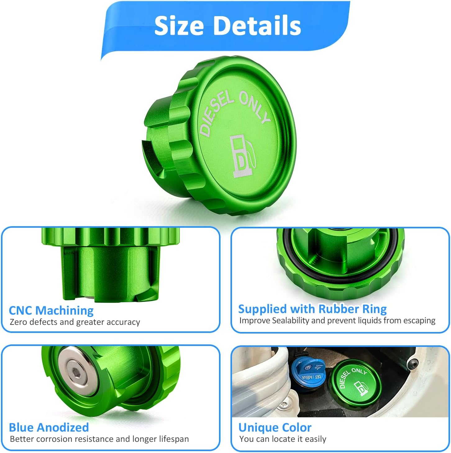 Wsays Green Magnetic Diesel Fuel Cap 6061 Aluminum Compatible with Dodge Ram 1500 2500 3500 2019-2024 Replace Part 82215782 image number 3