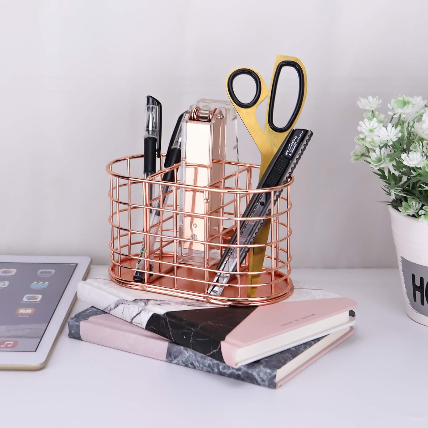 LEORISO Pen Holder with 3 Slots, Metal Desk Accessories Organizer for Home School Office Supplies Organizer, Makeup Brush Holder, Rose Gold image number 2