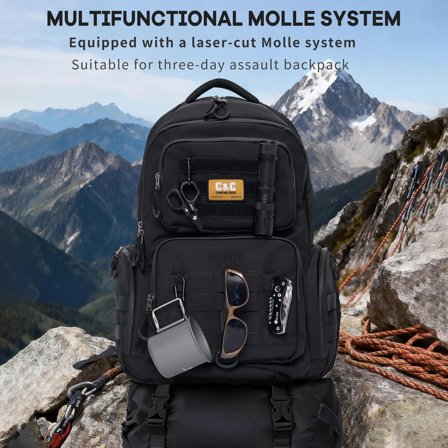 TIMEET Tactical Backpack Hiking Backpack: Laser-Cut Molle System 45L Military Backpack - Large Capacity Survival Tactical Gear - Water-Resistant Tactical Bag 3 Day Assault Pack - Black image number 4