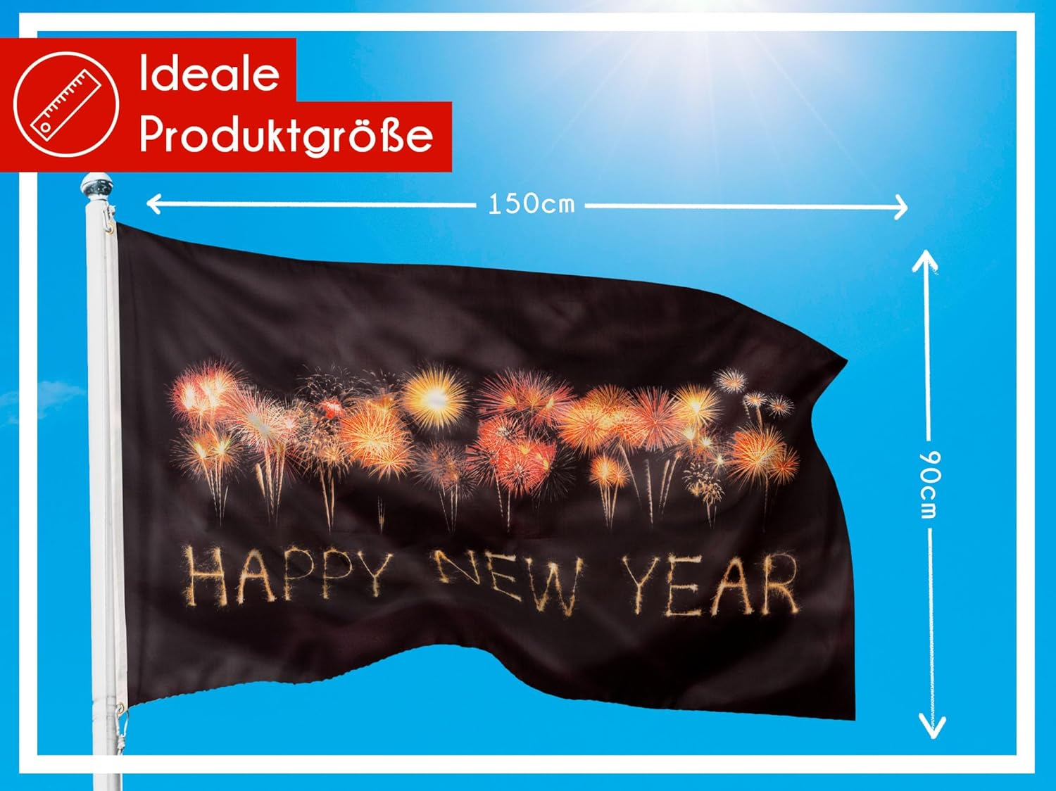 PHENO FLAGS Happy New Year Flag 90 X 150 Cm - Weatherproof Flag with Metal Eyelets and Special Sealing Technology - Double Hemmed Flag with Brilliant and Vibrant Colours image number 4