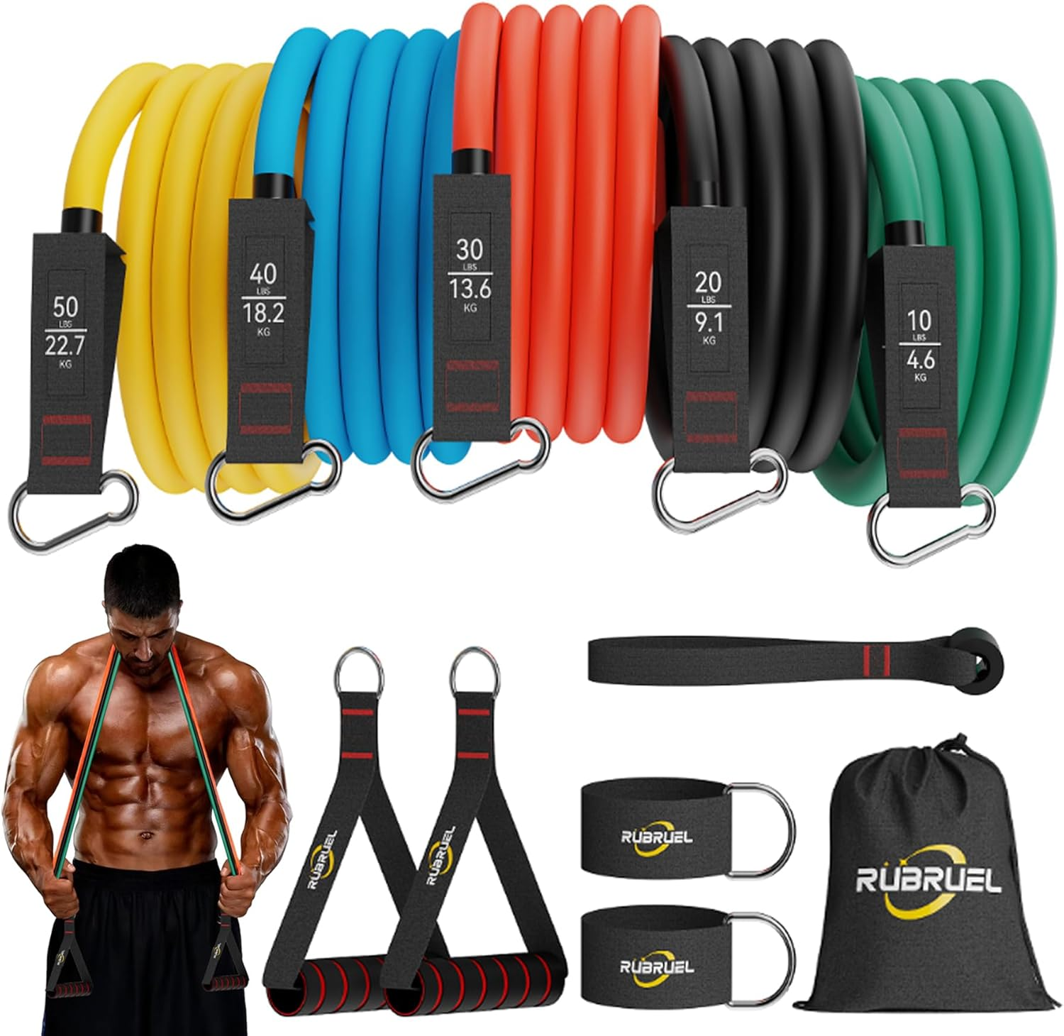 Rubruel Resistance Bands Set with Handles - 150 Lbs Heavy Duty Exercise Bands, Workout Bands for Home Gym, Strength Training, Yoga, Physical Therapy - Includes Door Anchor, Ankle Straps and Carry Bag image number 5