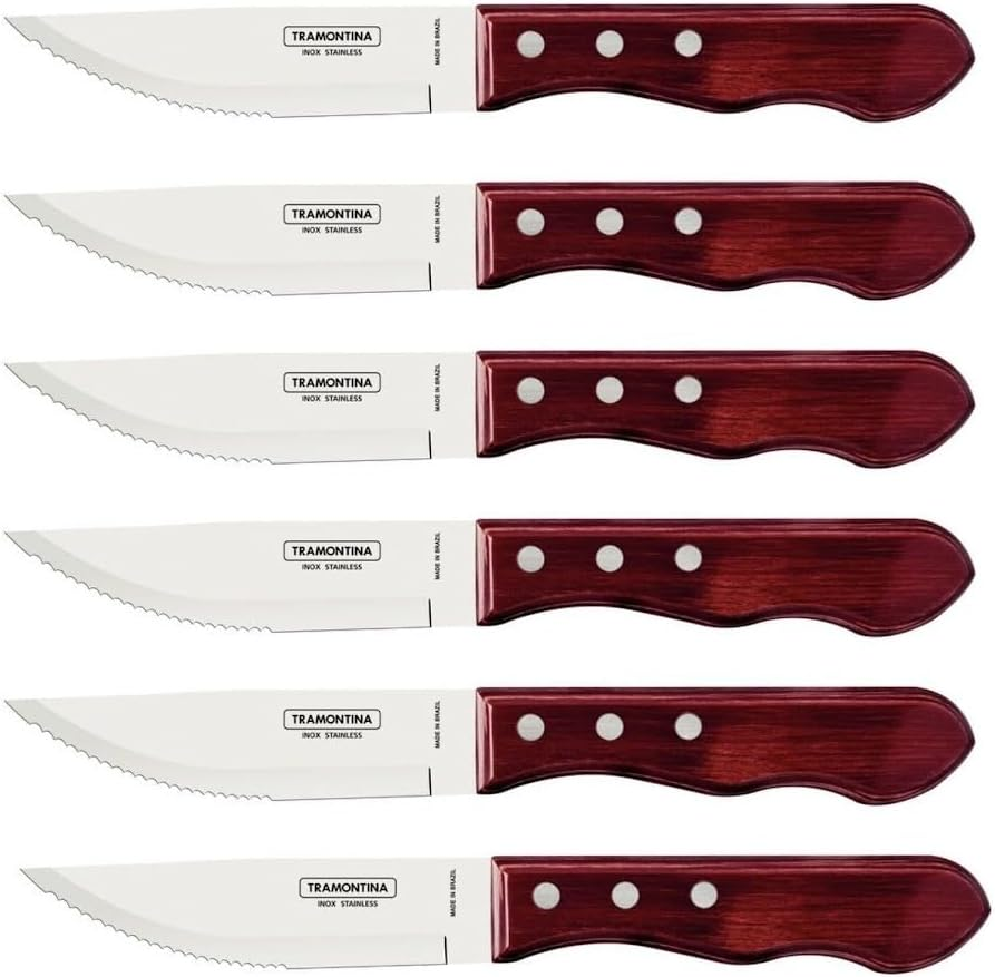 Tramontina Jumbo Steak Knife Set, Stainless Steel, Dishwasher Safe, Real Wood Handles, FSC, (4 Pieces, Brown), 25.5