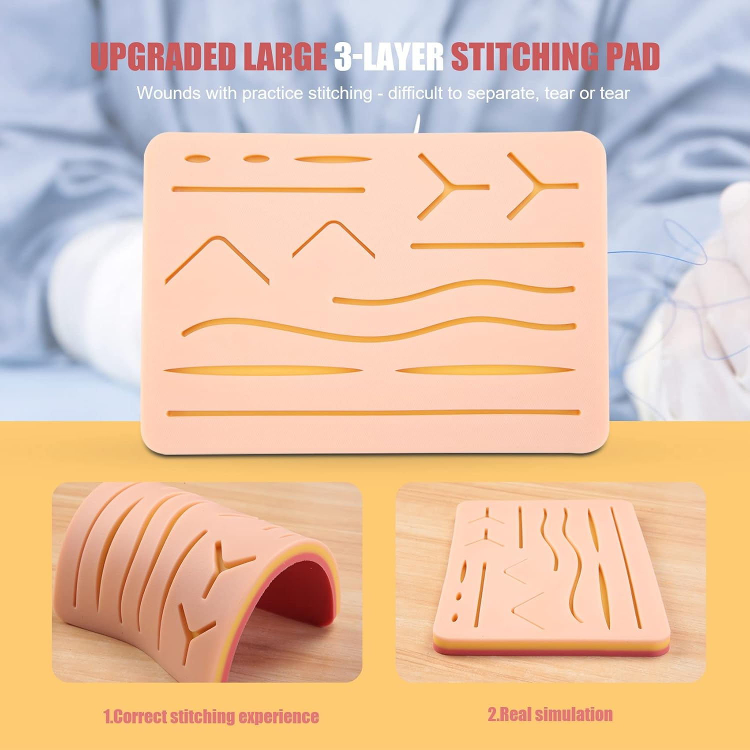 Upgraded 3-Layer Suture Pad with Wounds for Practicing Suturing - Not Easily Separate, Tear or Rip image number 6