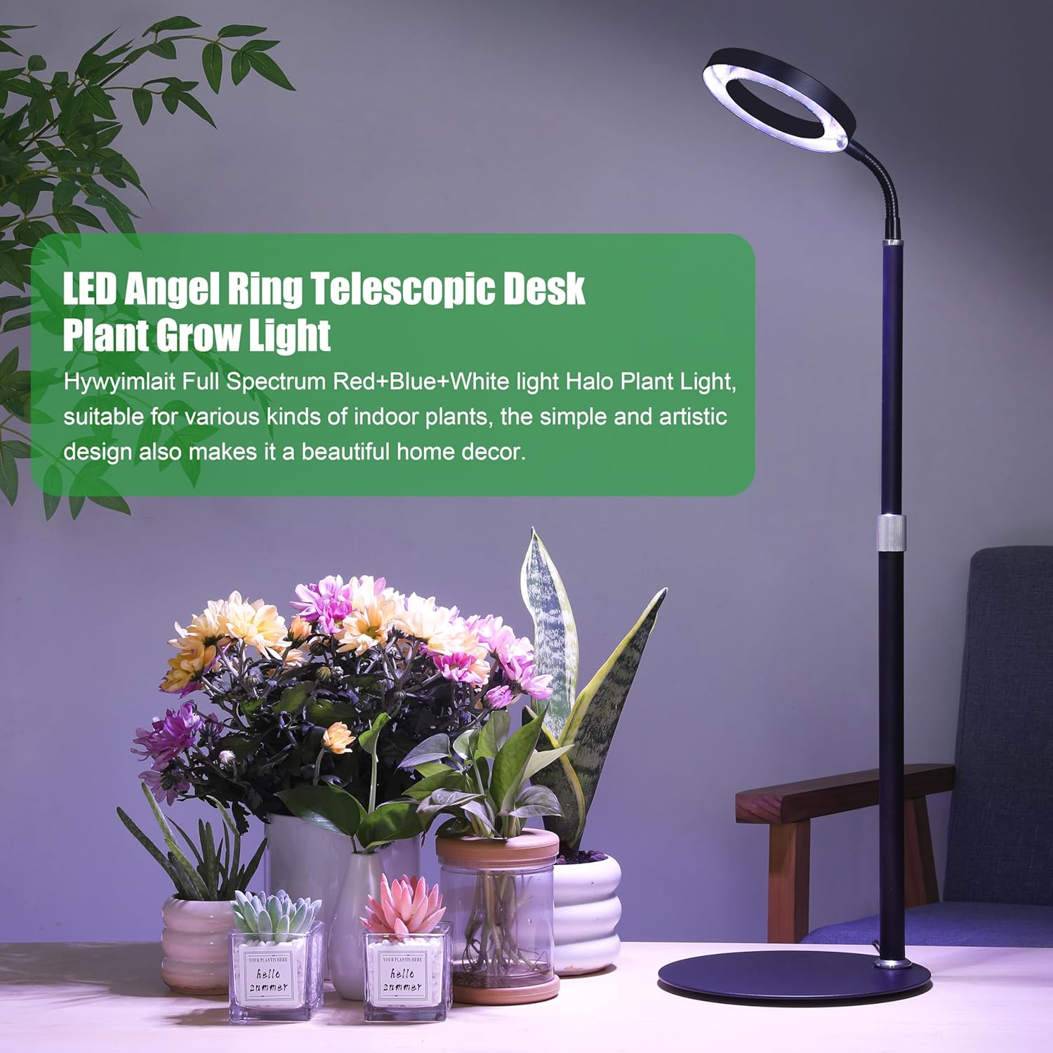 Black Desk Grow Light for Indoor Plants, Full Spectrum Red Blue White Light Plant Light with Base, Grow Lamps with 3/9/12H Timer, 13"-23.5" Height Adjustable, 10 Brightness Levels