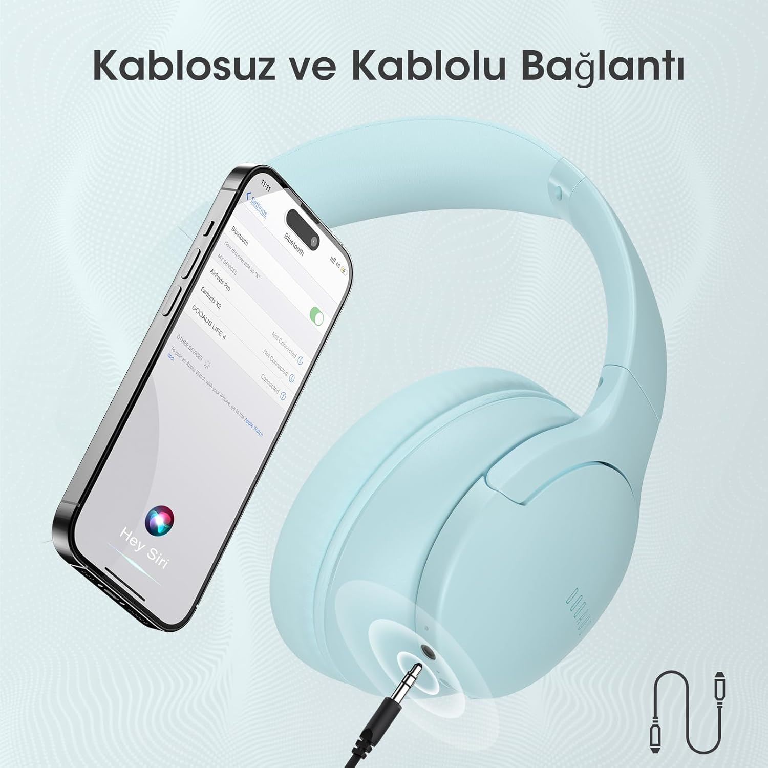 DOQAUS Bluetooth Headphones Over-Ear, up to 90 Hours Wireless Bluetooth Headphones with 3 EQ Modes, Bluetooth 5.4 Hifi Stereo Foldable Wireless Headphones for Travel/Office/Mobile Phone/Pc, Soft Blue image number 6