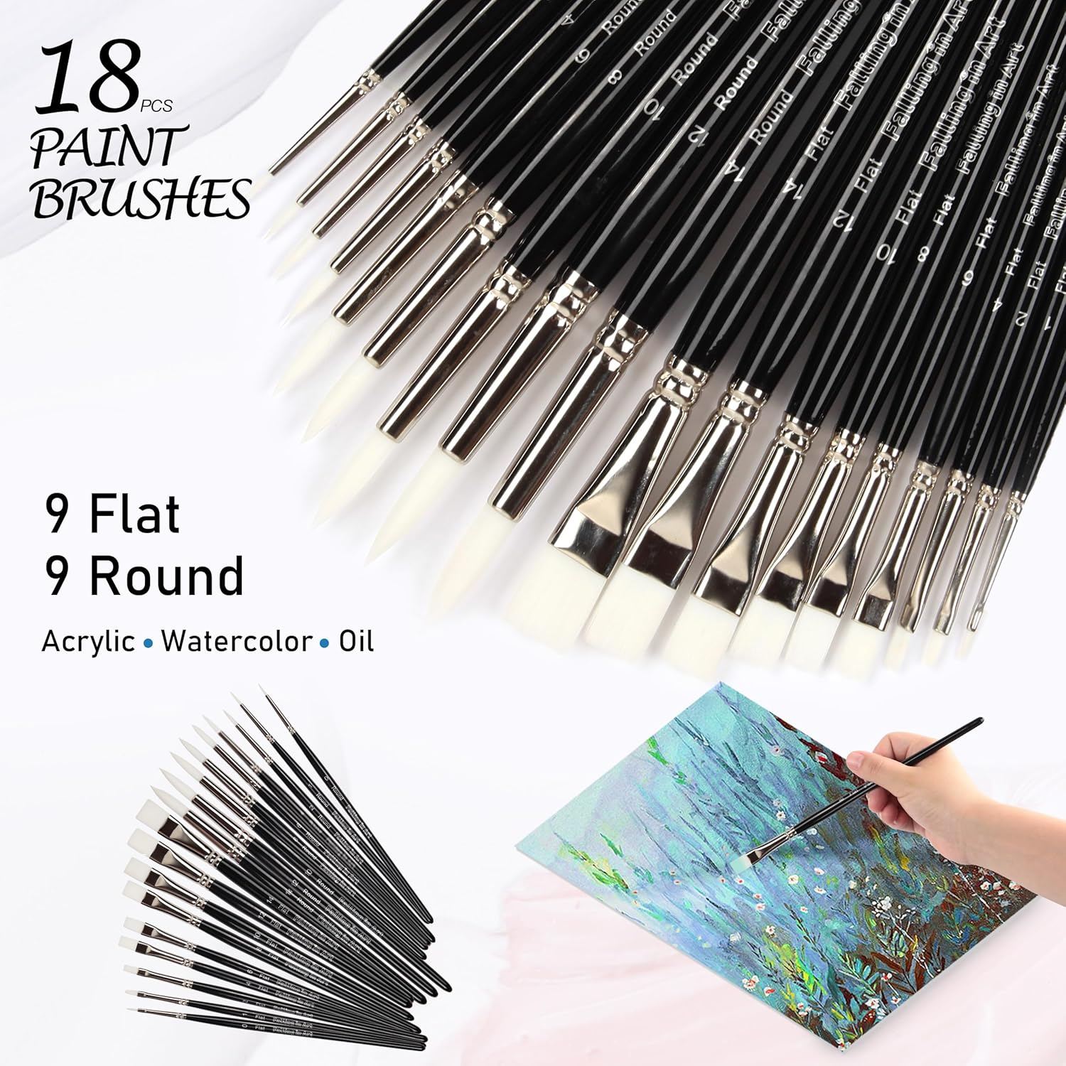 Falling in Art White Nylon Paint Brushes Set of 18 PCS for Acrylic, Oil, Watercolor Painting