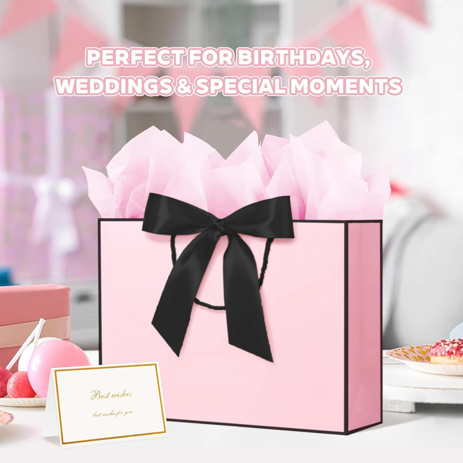 10 Pack Pink Black Bow Gift Bags with Handles, 32 X 25 X 11CM Large, Contains 20 Sheets Tissue Papers & 10 Greeting Cards for Wedding, Birthday, Valentine'S Day, Paper Bags image number 1