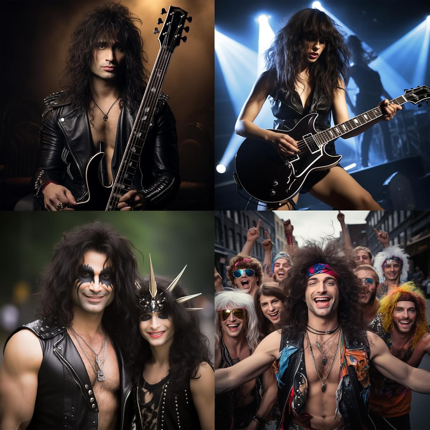 Black 80S Outfit for Men|Synthetic Curly Mens Wig|Long Rocker Wig for Men|Mens Wig for Party (Brown) - Black image number 4