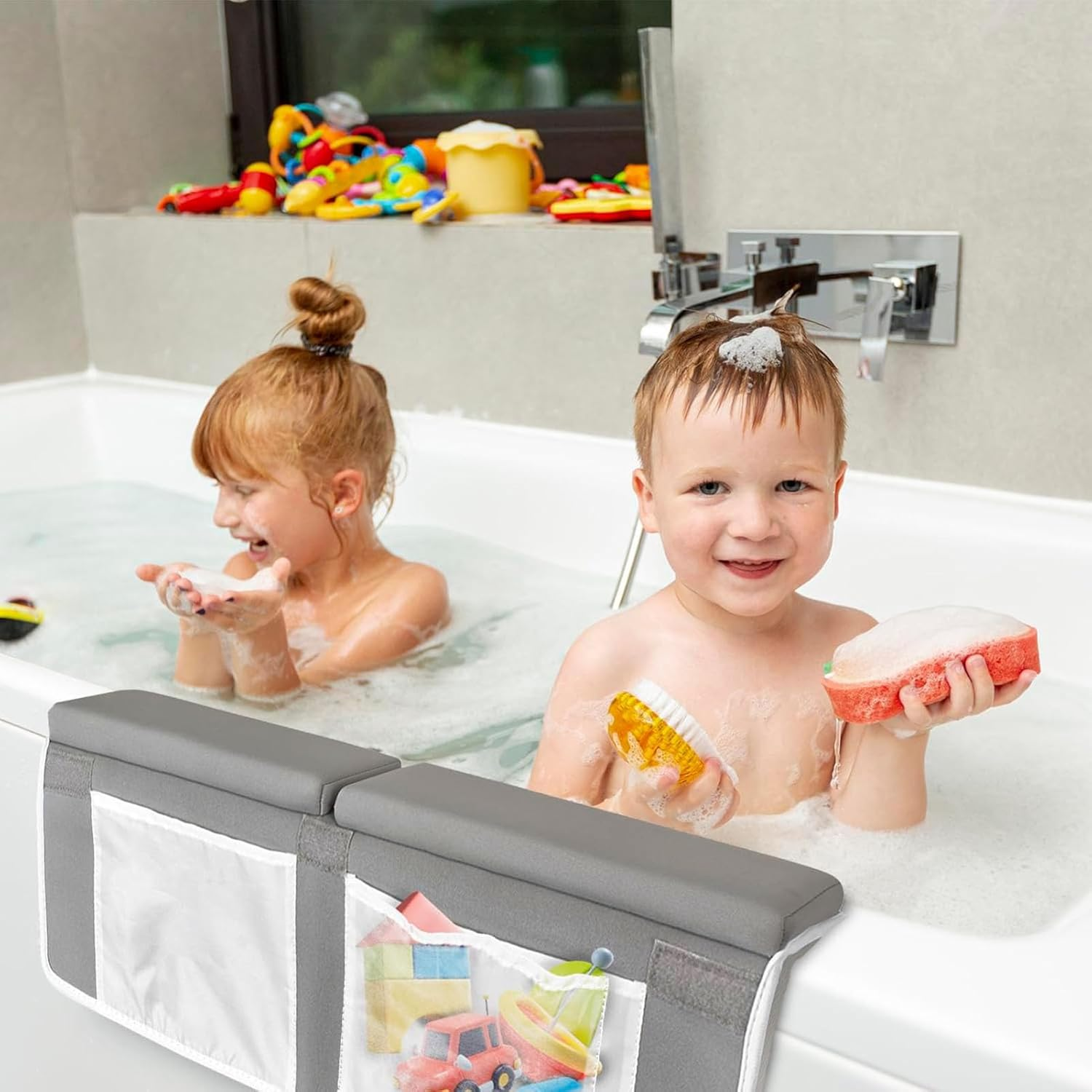 Baby Bath Kneeler and Elbow Rest Pad Set, Non Slip Comfortable Bath Kneeler with Storage Pockets, Easy to Clean Bathtub Kneeling Pad Painless Memory Foam Mat for Bathroom image number 2