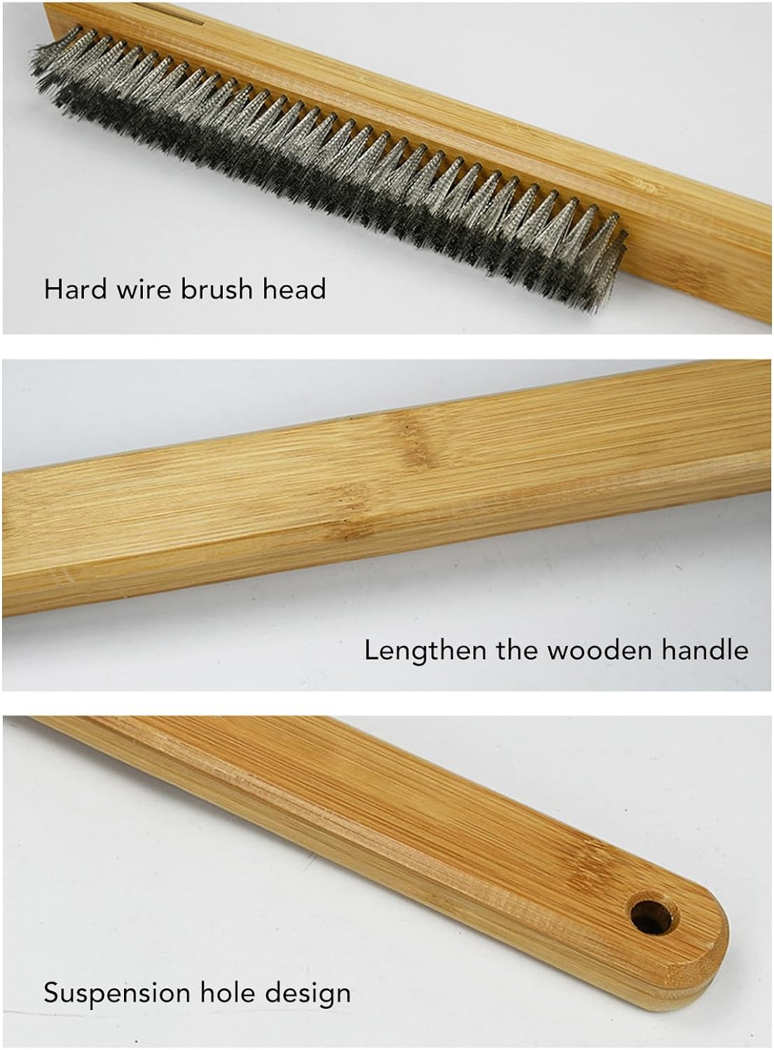 Pizza Oven Brush, 57.5Cm Non Scratch Heat Proof Stainless Steel Pizza Stone Cleaning Brush, Long Bamboo Handle Outdoor Pizza Oven Accessories with Scraper, Hanging Hole image number 3