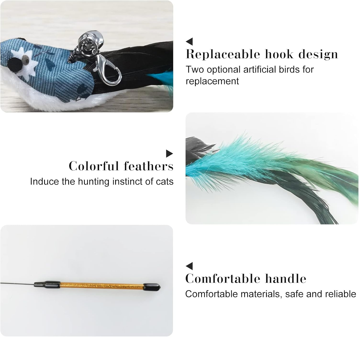 Andiker Interactive Cat Toy with Bell, Cat Wand with 2 Artificial Birds Replacement, Cat Feather Wand for Playing and Training, Funny Cat Sticks for Indoor and Outdoor Exercise (Blue+Brown) - Blue+Brown image number 4