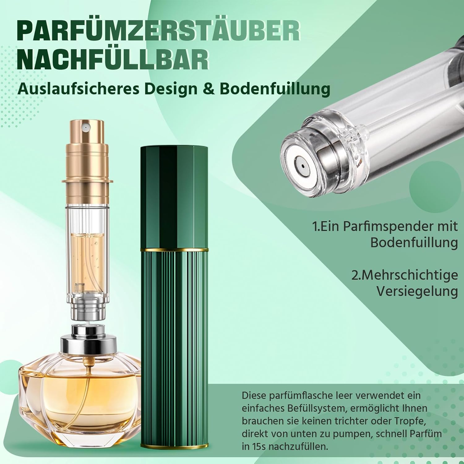 JOOMOKO Perfume Atomiser Refillable, 10 Ml Perfume Bottle, Empty Perfume Atomiser for Travel, Empty Perfume Atomiser Spray Bottle for Travel on the Go (Green)