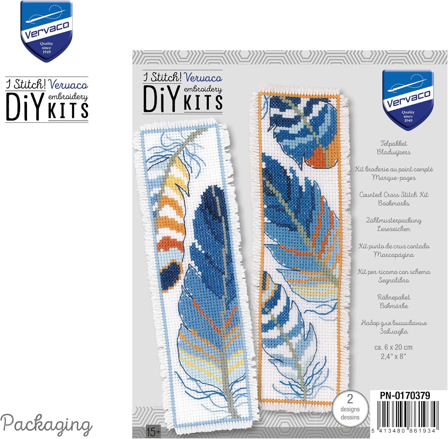 Vervaco PN-0170379 Blue Feathers Set of 2 Bookmarks Embroidery Kit Counted Pattern Cotton Multi-Coloured Approx. 6 X 20 Cm / 2.4 X 8 Inches image number 3