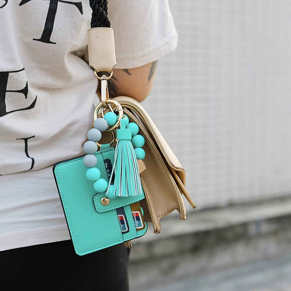 Silicone Beaded Bracelet Leather Keychain Wallet ID Card Holder Keyring Wristlet Bracelet Key Ring Chain Tassel Purse Women Girls Green image number 4