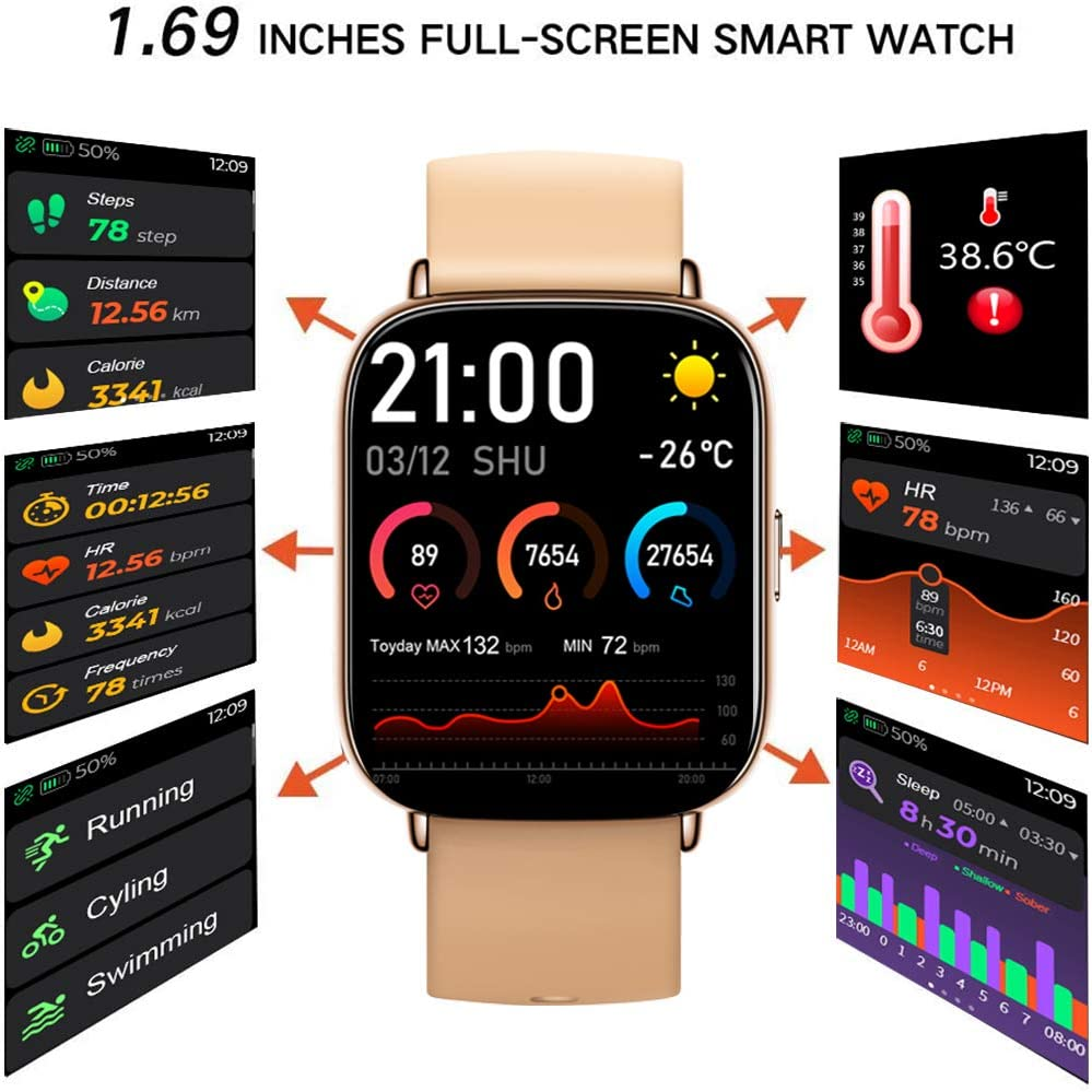 Smart Watch Fitness Tracker 1.69" Touch Screen Waterproof 24 Sports Modes with Body Temperature Heart Rate Blood Oxygen Monitor Sleep Quality Tracker 15 Days Battery Life Call & APP Message Reminder for Iphone Android Phones image number 3