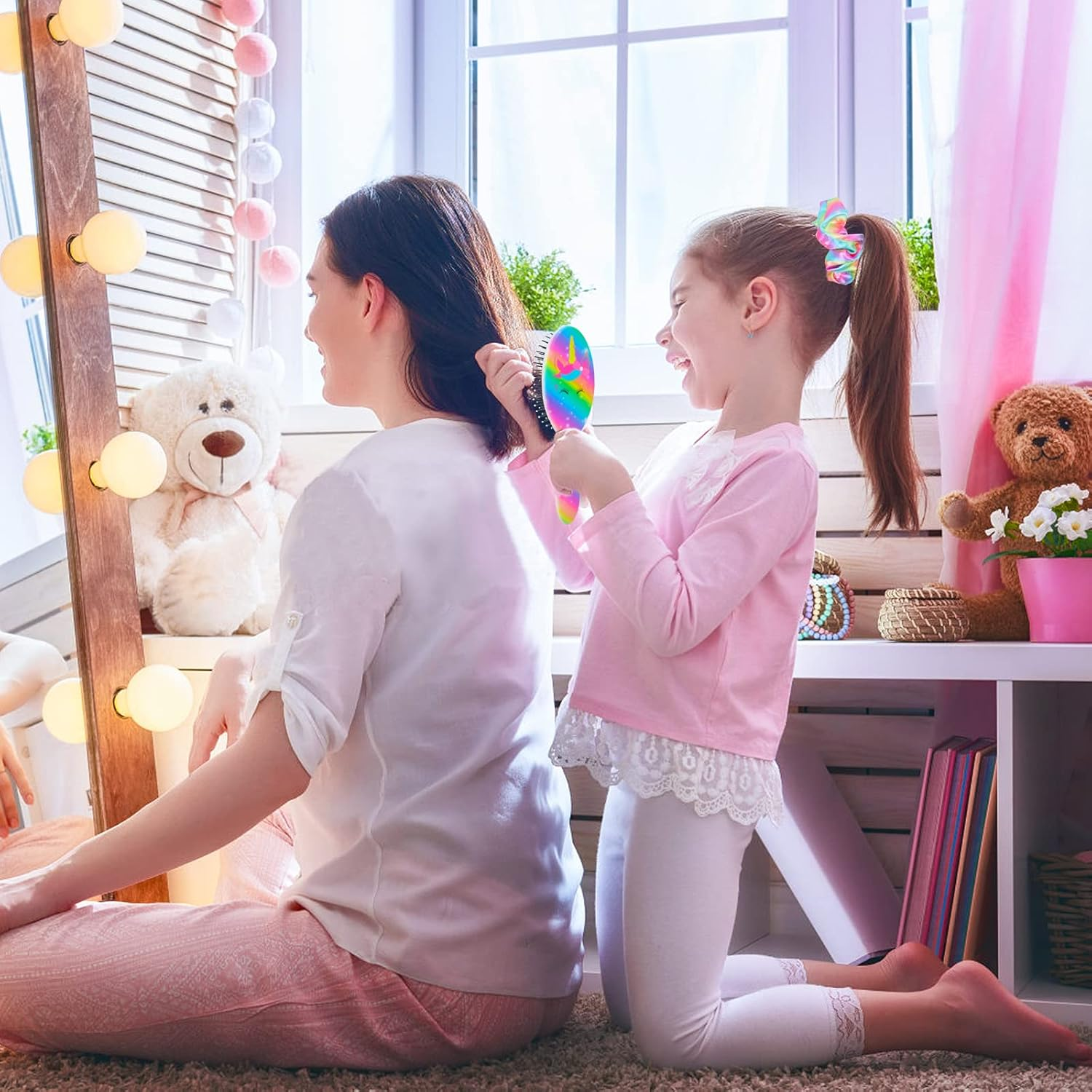 Girls Detangling Brush for Curly, Wet/Dry, Thick Hair - Pain-Free Brushing for Women (Rainbow Unicorn) image number 2