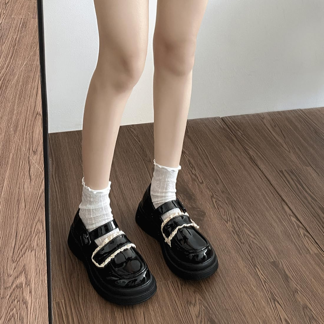 Women Y2K Harajuku Kawaii Goth Lolita round Toe Chunky Heels White Lace Decor Platform Mary Jane Shoes image number 6