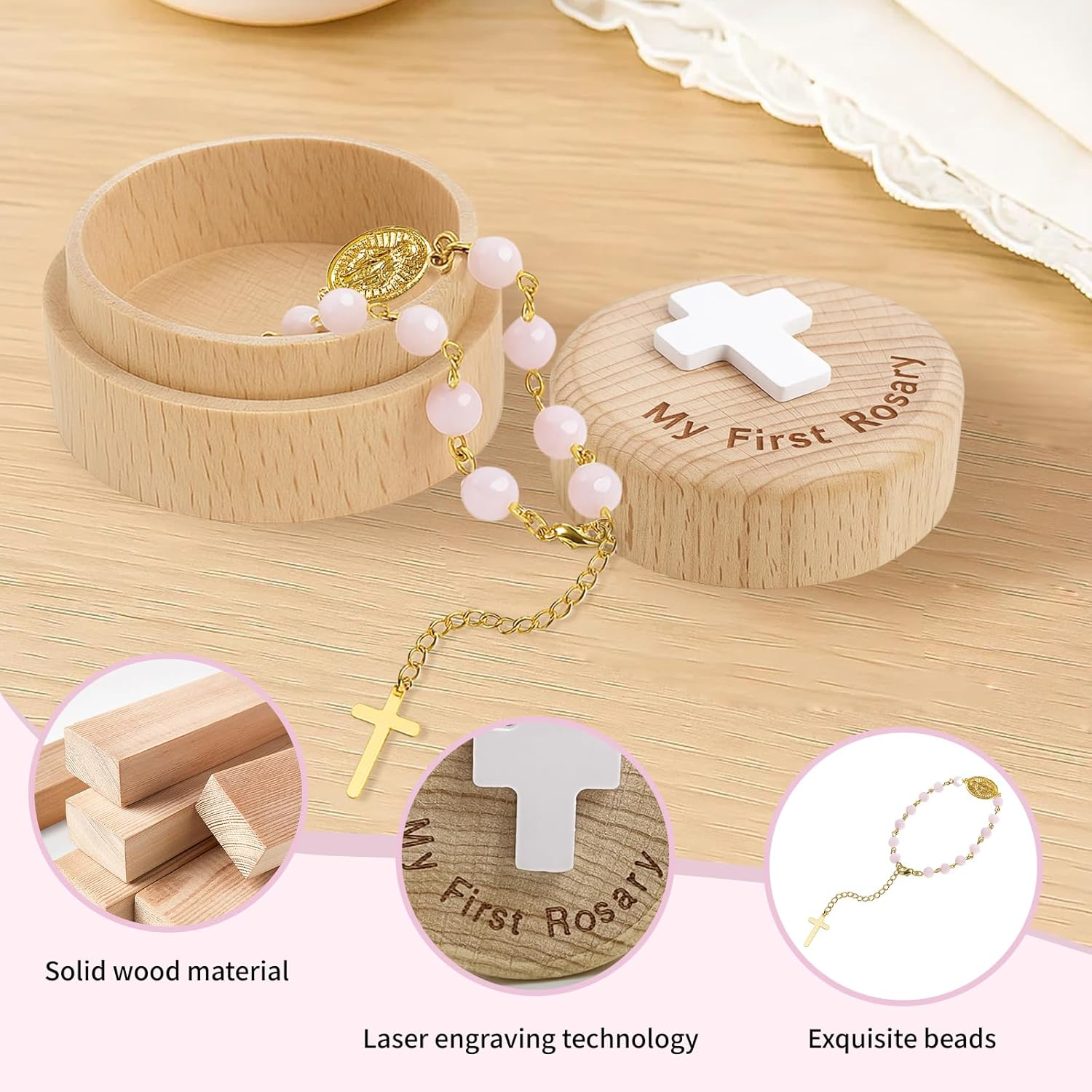 TBTFW My First Rosary, Baptism Gifts Rosary, Baptism Catholic Gift for Boy Girls,Used for Newborn Ceremony(Pink) image number 5