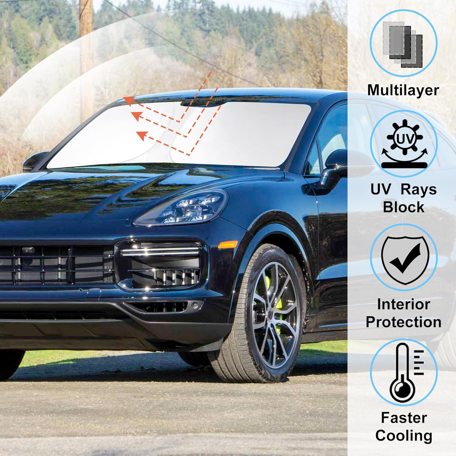 Windshield Sun Shade Custom Fit for 2019-2024 2025 Porsche Cayenne Accessories Foldable Sunshade Sun Blocker Protect Car from Sun Rays & Heat Damage Keep Car Cooler image number 3