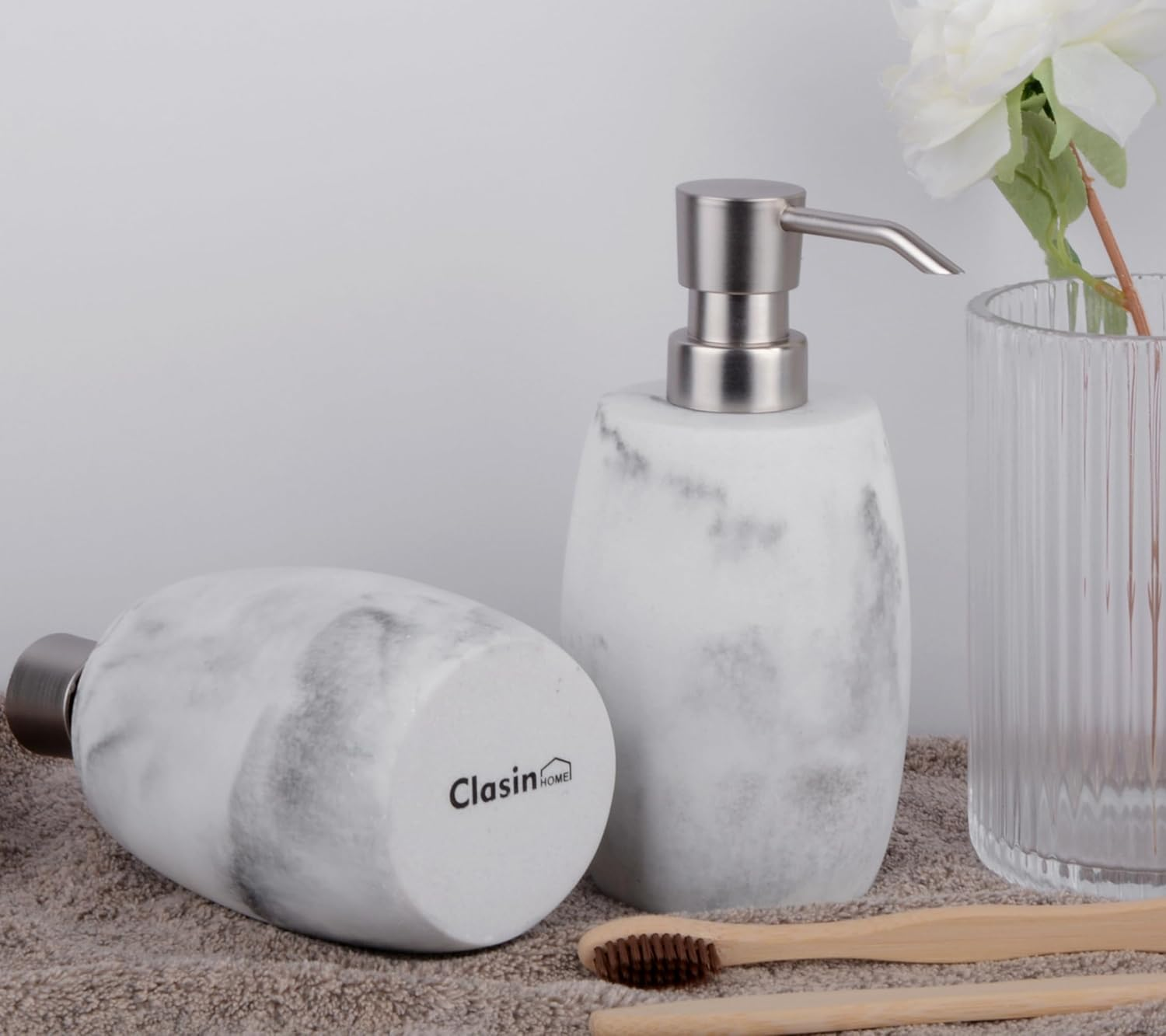 Sandstone Soap Dispenser, 350 Ml Resin Refillable Bottle with Metallic Pump & Waterproof Labels &ndash; White Marble, 2-Pack for Bathroom, Kitchen, Hand Wash & Dish Soap - White_2 Pcs image number 3