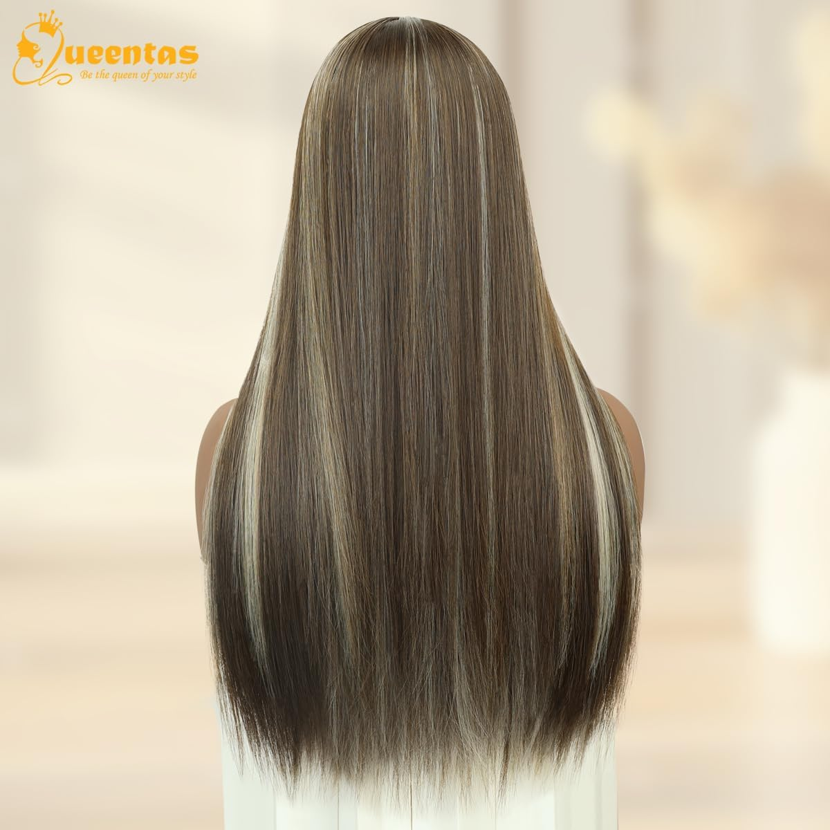 BECUS 24 Inch Long Golden Brown Wigs for Women Highlight Balayage Synthetic Straight Hair Wig for Daily Wear or Cosplay image number 5