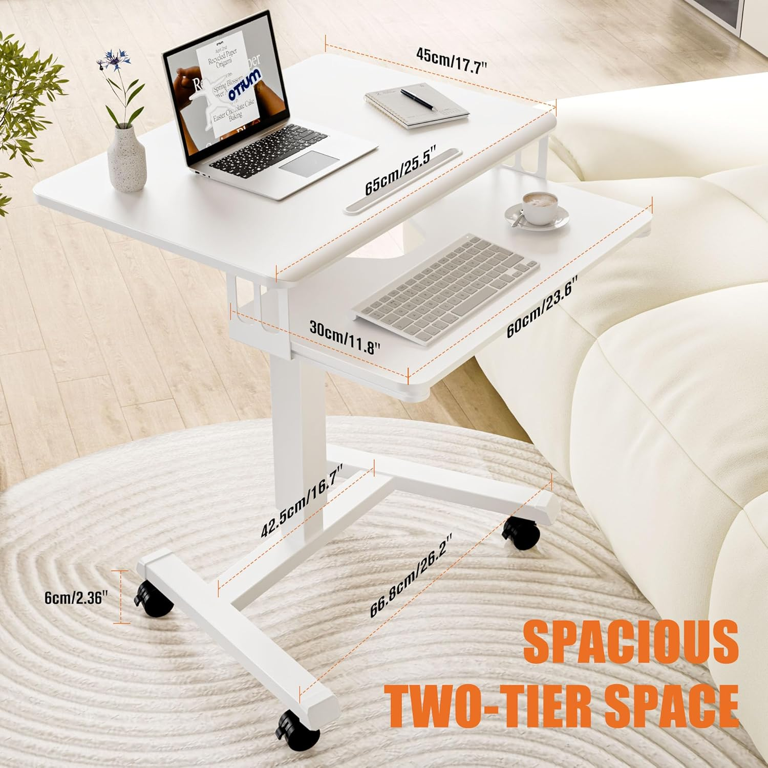 ERGOMAKER Mobile Standing Desk Pneumatic Adjustable Height 25.6 X 17.7 Inch Mobile Desk Adjustable Height on Wheels，Sit Stand up Desk Home Office Computer Desk, White + Dual image number 4