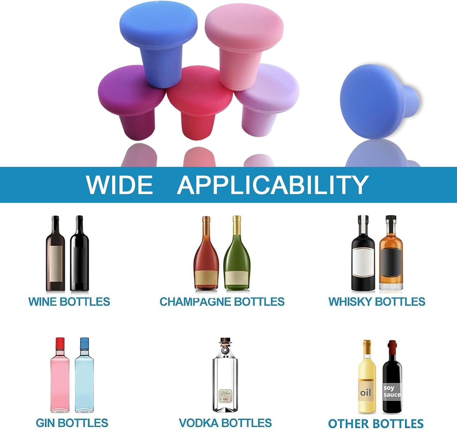 Reusable Wine Bottle Stoppers,Bottle Cover with Food Grade Silicone Wine Cap Sealer Stopper Wine Preserver Wine Accessories Beverage Bottle Stoppers, 6 Pack image number 2