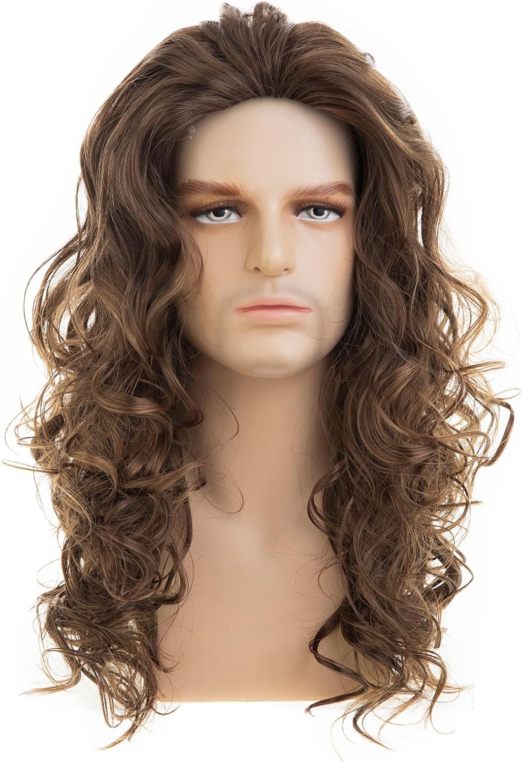 Beweig Mens Brown Long Curly Wavy Wig Middle Part Synthetic Heat Resistant Daily Party Costume Halloween image number 4