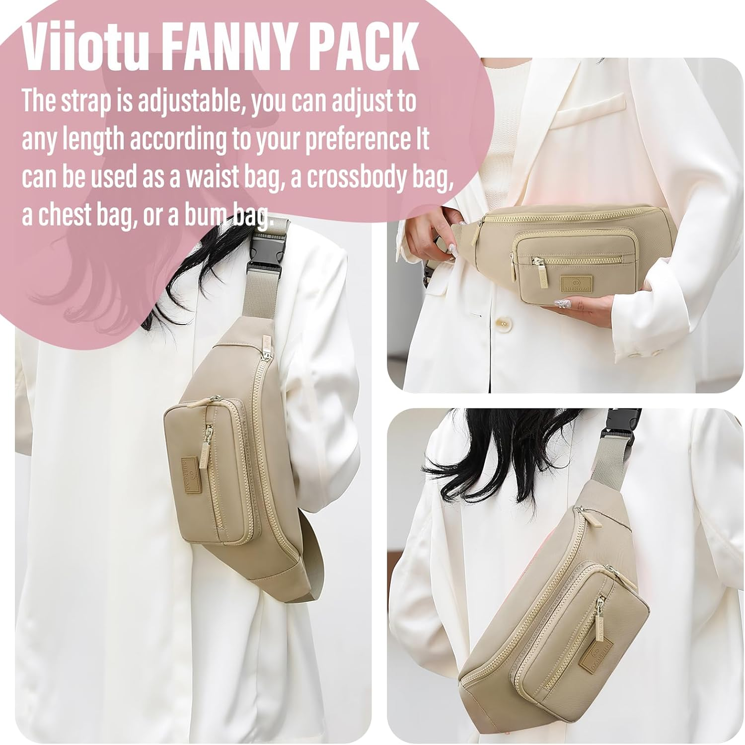 Women Bumbag Bag, 3-Layer Waterproof Waist Bag, Large Capacity Bright Colors Fanny Pack for Women (Khaki) - Green image number 4