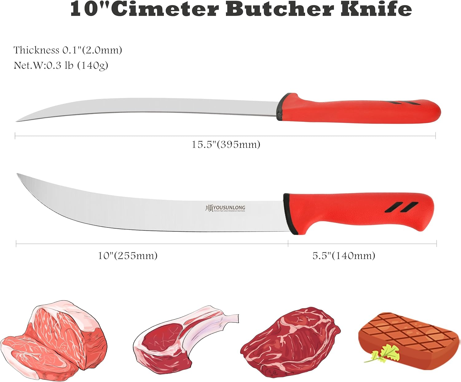 YOUSUNLONG Breaking Butcher Knife - 10 Inch Steak Knife Cimiter Knives - Premium High Carbon Molybdenum Steel Blade - Curved Knife - Santoprene Handle image number 3