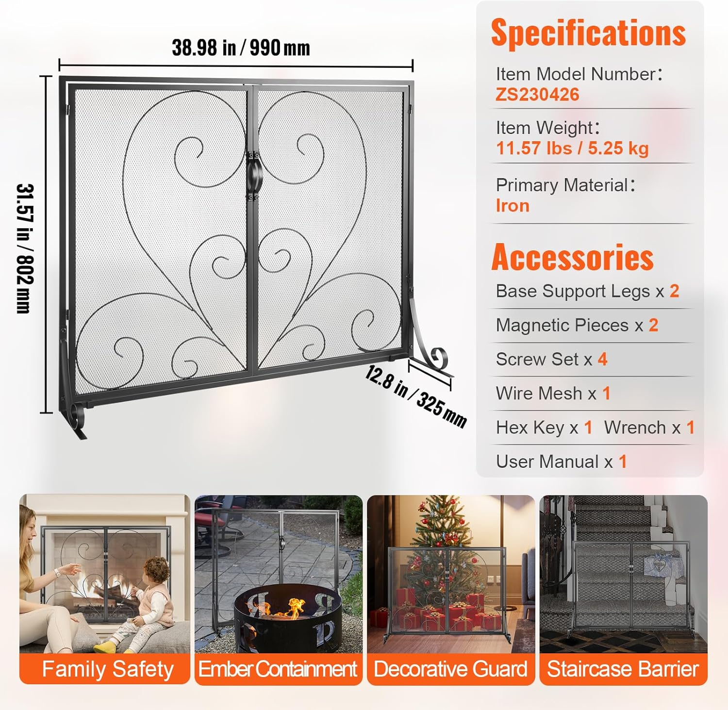 VEVOR Fireplace Screen 2 Panel with Door, Sturdy Iron Mesh Fireplace Screen, 990(L) X802(H)Mm Spark Guard Cover, Simple Installation, Free Standing Fire Fence Grate for Living Room Home Decor Vintage image number 1