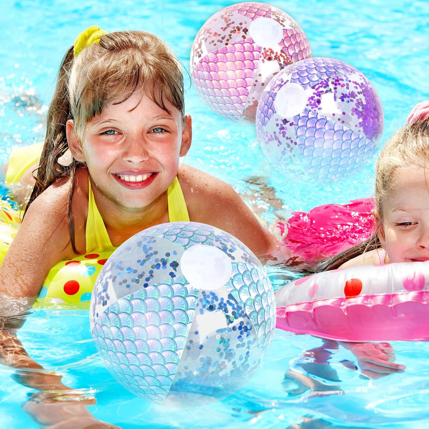 Whaline 3Pcs 16'' Mermaid Inflatable Beach Ball Glitter Pool PVC Balls Game Play Balloons for Summer Hawaiian Tropical Theme Beach Party Decorations Water Sand Game Accessory, Pink Blue Purple image number 5