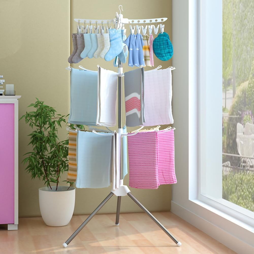 3-Tier Clothes Drying Rack, Folding Laundry Drying Rack, Indoor Outdoor Space Saving Stand Hanger with 24 Clips and 32 Towels Bars for Baby Clothes, Cloth Diapers, Socks, Bras, Towels, Underwear image number 2