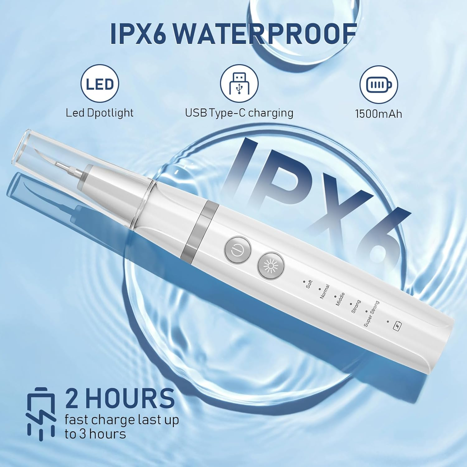 Ultrasonic Tooth Cleaner Plaque Remover for Teeth Cleaning IP67 Waterproof Tartar Remover with 3 Replaceable Heads and 5 Adjustable Modes Rechargeable, Portable Design for Home Travel image number 4