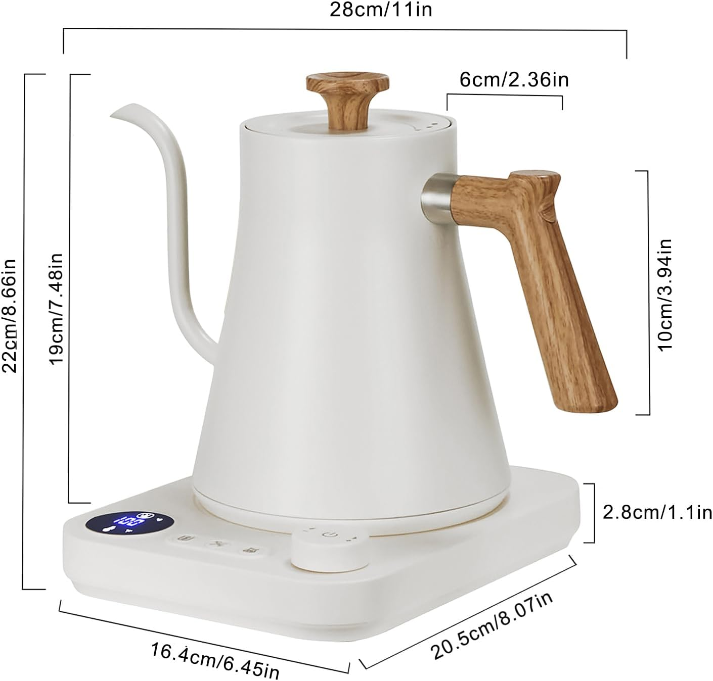 Electric Gooseneck Kettle 0.9L with LCD Display, 304 Stainless Steel Pour-Over Coffee & Tea Hot Water Boiler, Automatic Temperature Control, 1200W Quick Heating Tea Pot White image number 3