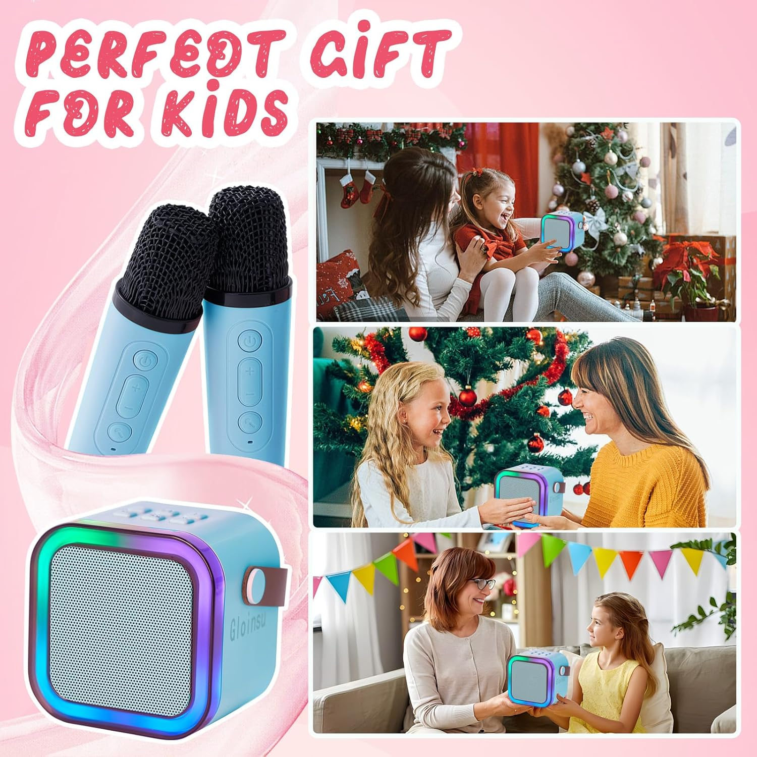 Portable Karaoke Machine for Kids & Adults, Bluetooth Mini Singing Microphone with 2 Wireless Mics & LED Light Show, Compatible with All Smartphones, Perfect for Birthdays, Home Parties（Blue） image number 5