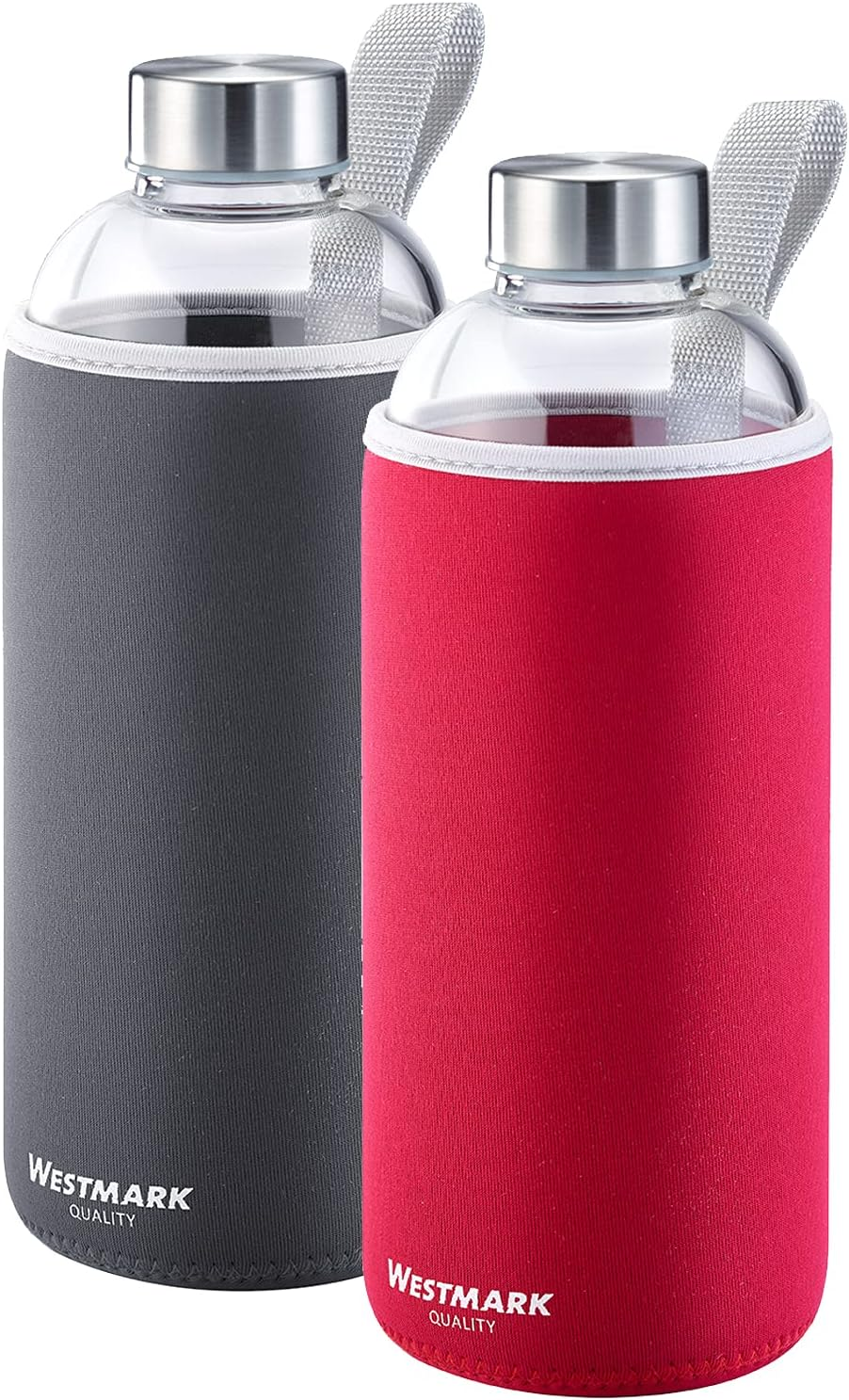Westmark Drinking Bottle Set 2 Pieces 2 Glass Drinking Bottles with Print, Includes 1 Protective Cover, 1000 Ml, Glass, Silicone, Rubber, Bpa-Free, Viva, Red/Anthracite/Silver/Clear, 5274222E8 image number 5