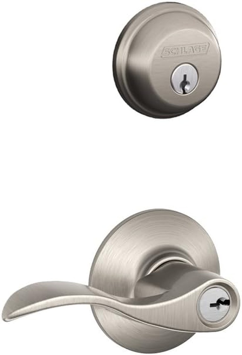 Schlage FB50N V Acc 619 B60 Single Cylinder Deadbolt and F51 Keyed Entry Accent Lever Keyed Alike, Satin Nickel Finish