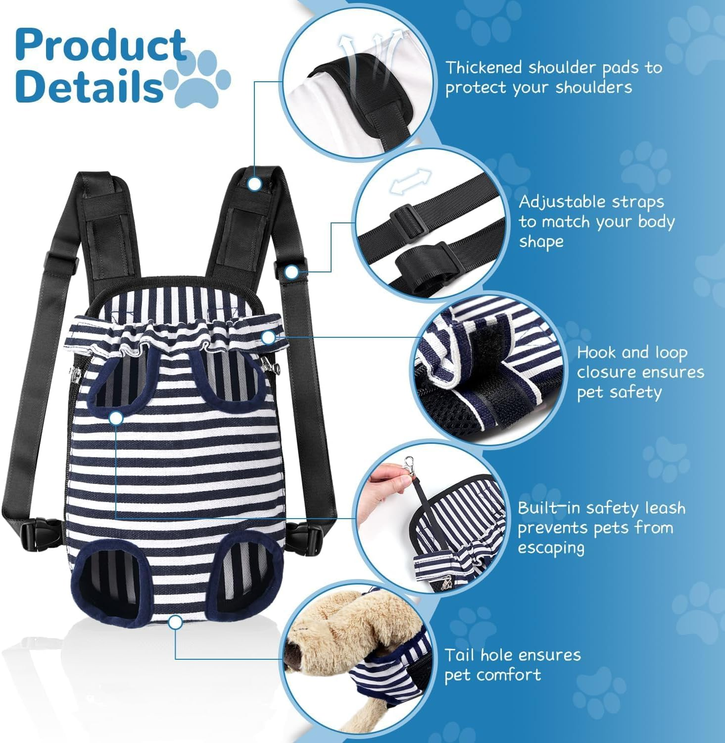 YUDODO Pet Dog Carrier Backpack Adjustable Dog Front Carrier, Legs Out Easy-Fit Dog Travel Backpack Carrier for Hiking Camping for Small Medium Dogs Cats and Rabbits (Medium, C-Blue White Strip) image number 5