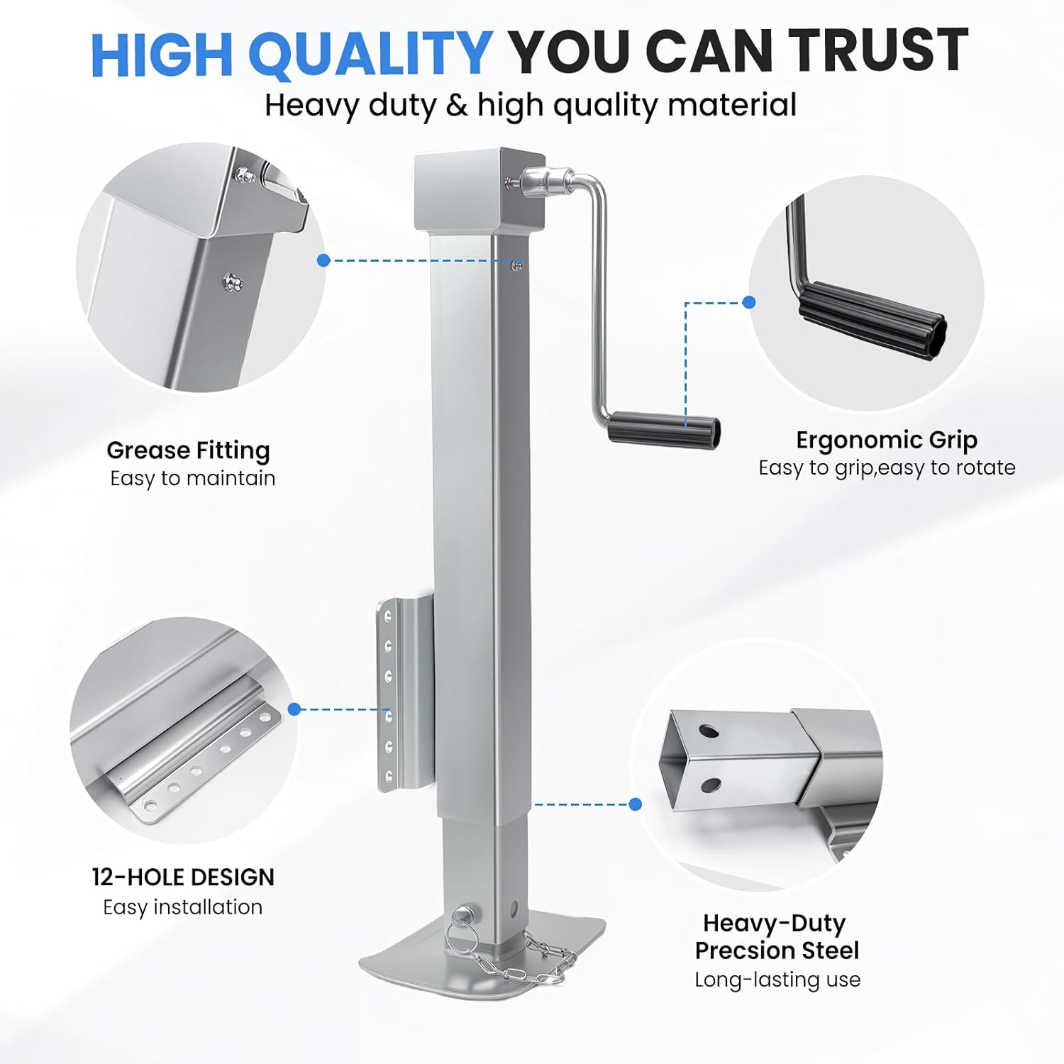 8000 Lbs Heavy Duty Trailer Jack, 28.8" Lift, 20-24V Cordless Drill Compatible, for RV, Boat, Yacht & Utility Trailers, with Manual Crank Handle & Weatherproof Cover, Sliver - Sliver image number 4