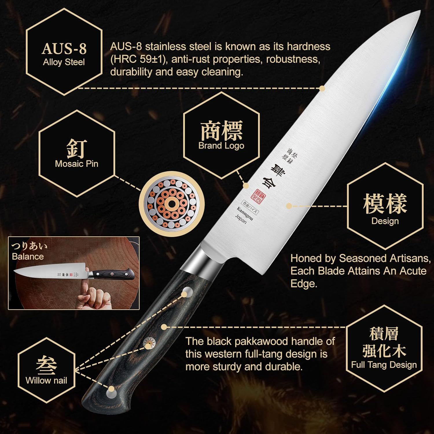 Kanngou 21CM Japanese Knife Gyuto Chef'S Knife, Japan AUS-8 Alloy Steel Kitchen Knife with Full-Tang Black Pakkawood Handle, 8.27 Inch Chefs Knives with Premium Gift Box (Classic Series) image number 6