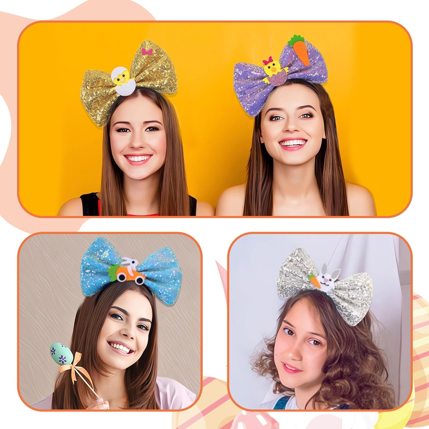 Danolt Pack of 3 Easter Bunny Ears Headband, Rabbit Ears Headband for Women, Girls, Children