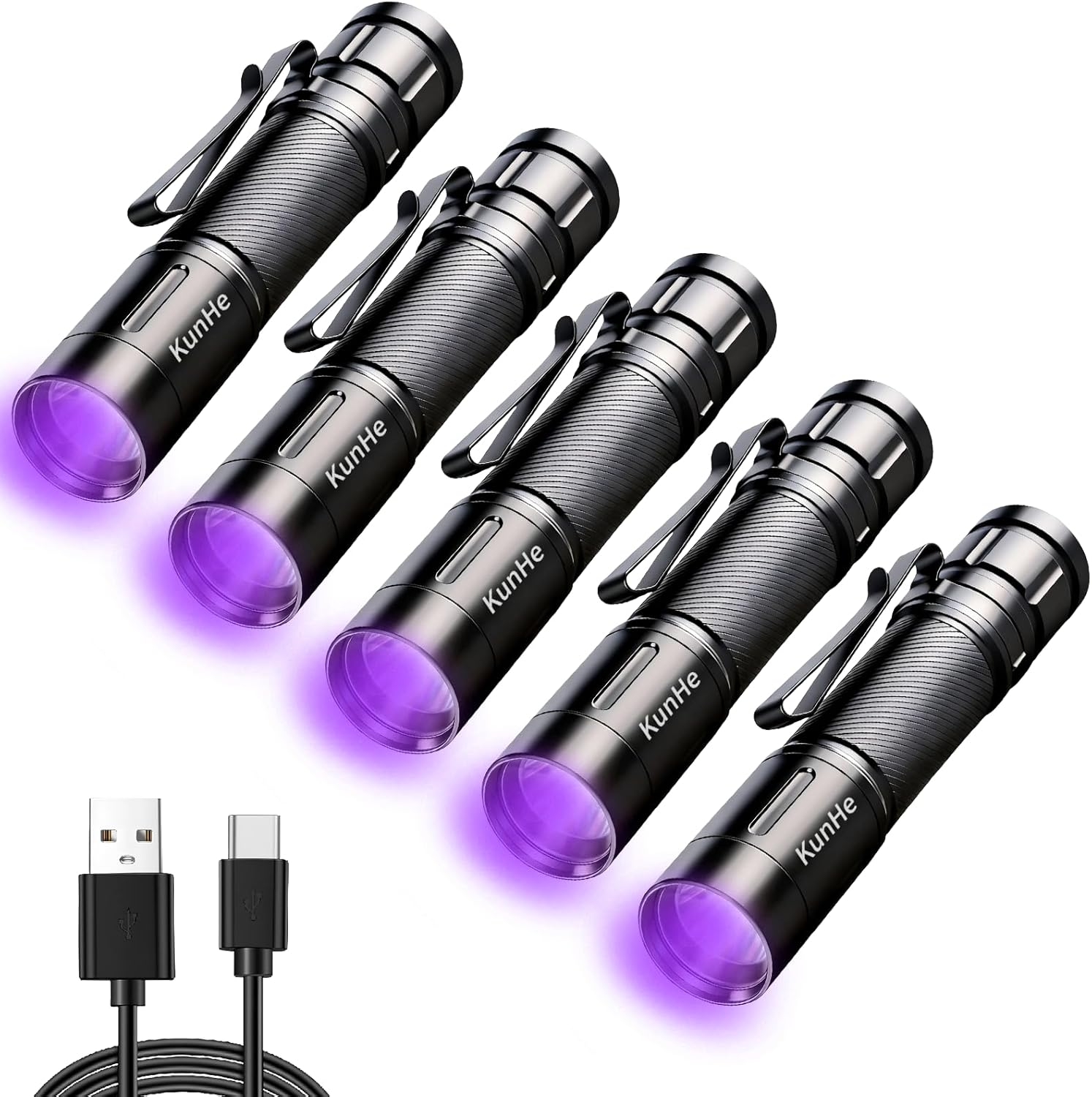 Kunhe 5 Pack Rechargeable UV LED Flashlight Featuring 395Nm Wavelength 3W Power Aluminum Alloy Construction IPX4 Water Resistance Detachable Double-Sided Clip and Compact Design image number 5