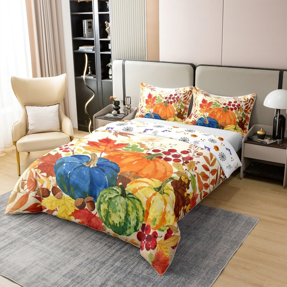 Homewish Aesthetic Watercolour Prints Pumpkin Cotton Duvet Cover for Children Boys Teenagers Maple Leaves Bed Linen 155 X 220 Cm Autumn Plants Flowers Leaves Nut Fruit Bedding Set Autumn Harvest Bed image number 4