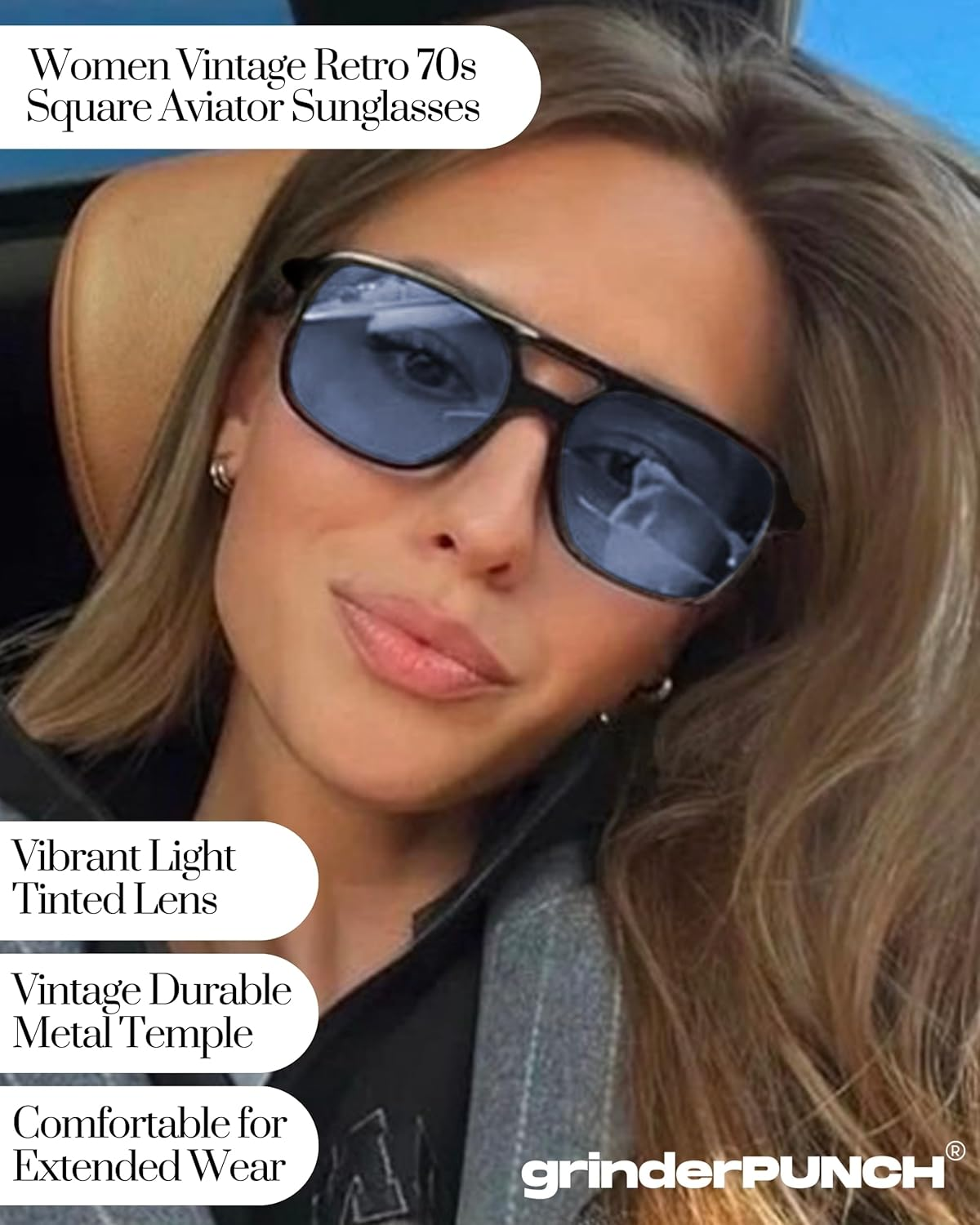 Grinderpunch Retro Flat Square Trendy Sunglasses for Womens Mens Vintage 70S Style Double Bridge Sunglasses - Black Metal Frame/Yellow Lens image number 2