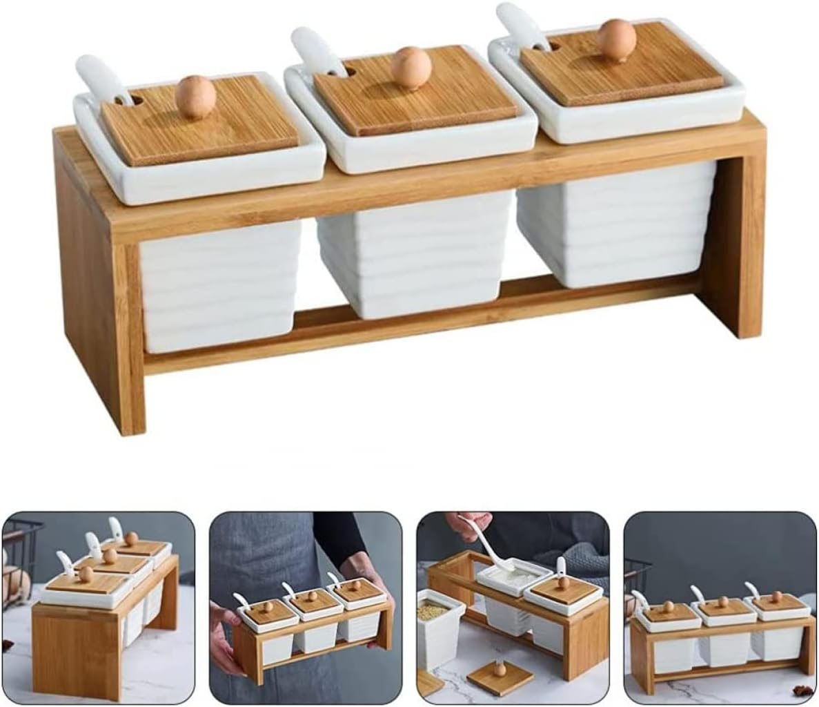 Ceramic Jar, Salt Jar, Spice Jars with Spoon, Wooden Lid and Plate, Spice Container, Storage Jar, Sugar Bowl, Salt Pot, Ceramic Jar, Spices, Salt, Sugar Container for Kitchen at Home image number 6